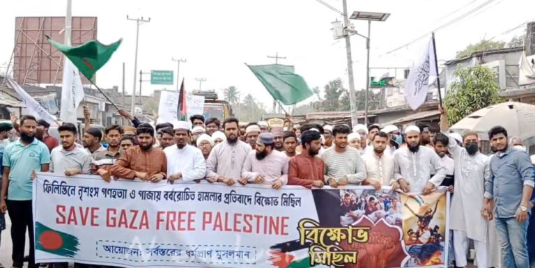 ফিলিস্তিনে গণহত্যা ও গাজায় হামলার প্রতিবাদে কানসাটে বিক্ষোভ মিছিল